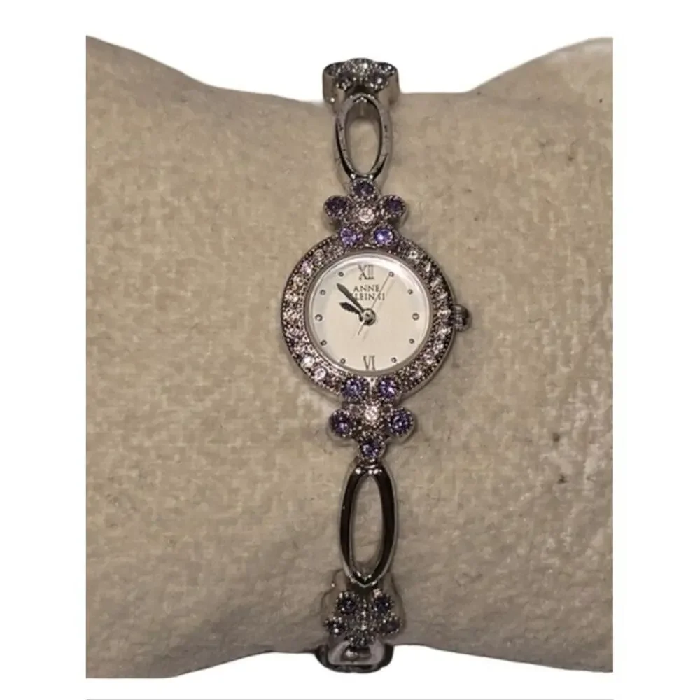 Anne Klein II Silver Tone Crystal Floral Bracelet Watch Purple Accents Dressy